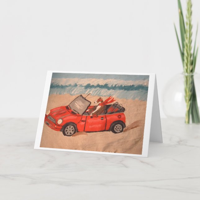 Carte Lévrier en voiture décapotable rouge à la plage (Devant)