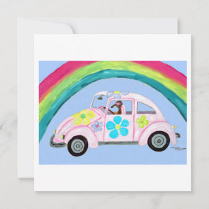 Carte Lévrier en voiture hippie avec arc-en-ciel