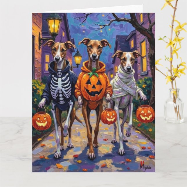 Carte Lévriers Trick-or-Treating dans des costumes d'Hal (Fleur jaune)