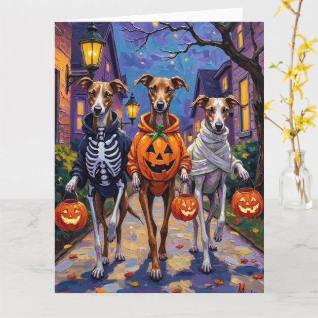 Carte Lévriers Trick-or-Treating en costumes d'Halloween (Fleur jaune)