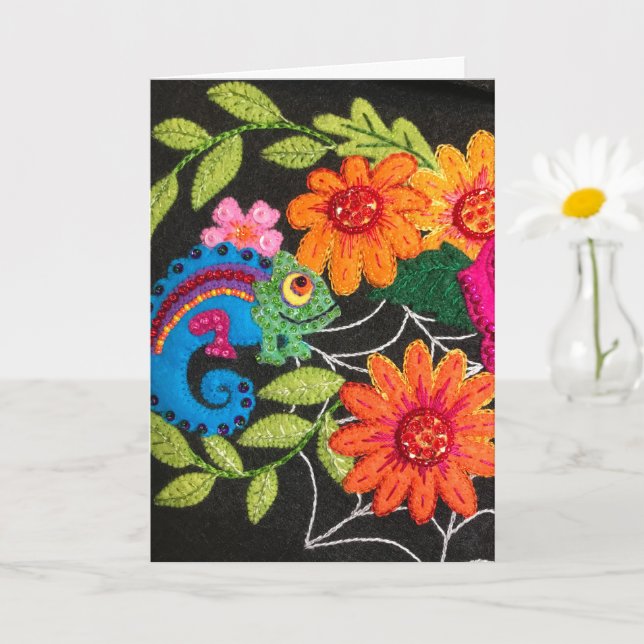 Carte Lézard Gecko Perles de feutre cousu Paillettes (Petite plante)