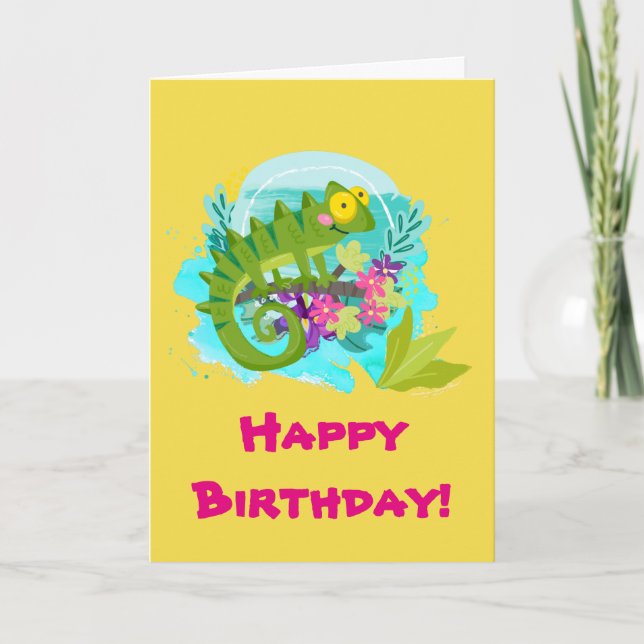 Carte Lézard tropical vert avec l'anniversaire de fleurs (Devant)
