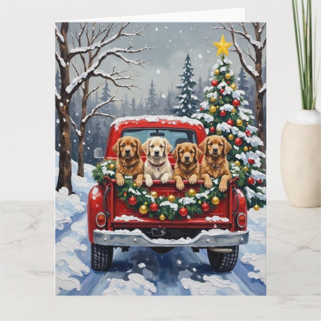 Carte Lhasa Apso camion rouge de Noël vacances (Devant)
