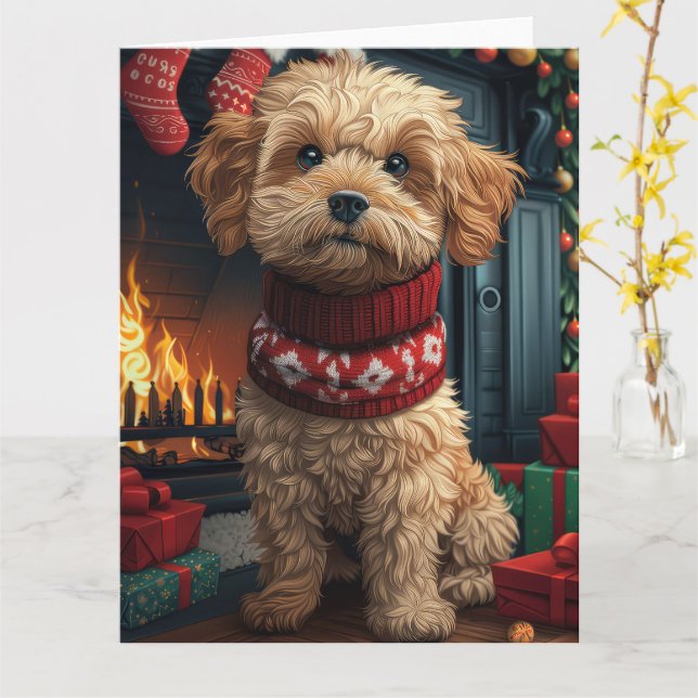 Carte Lhasa Apso Chien Avec Cheminée Cadeaux De Noël (Fleur jaune)