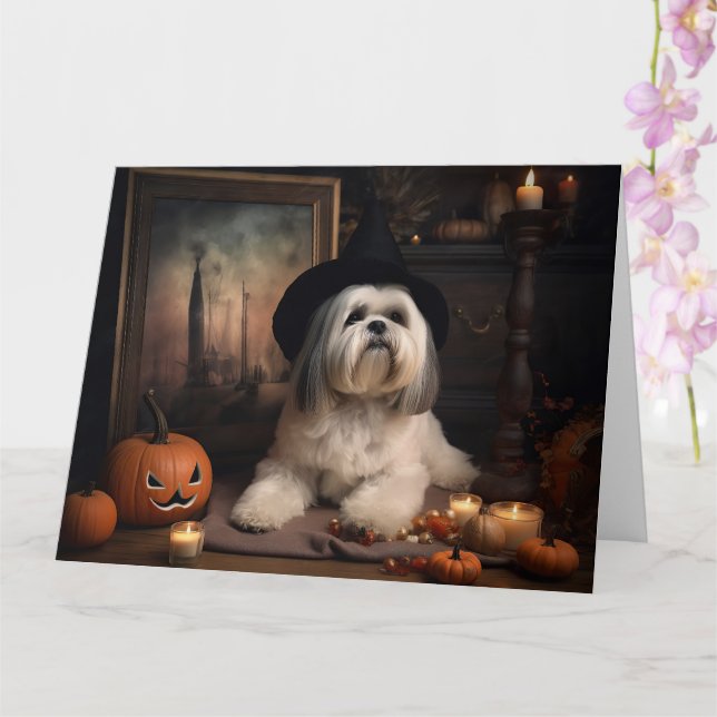 Carte Lhasa Apso Citrouille Halloween effrayant (Orchidée)