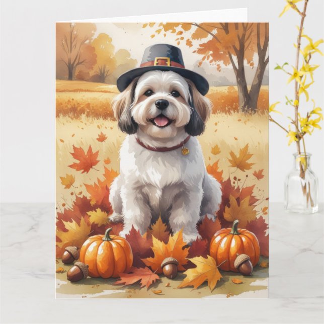Carte Lhasa Apso Dans l'Art de Thanksgiving aux Feuilles (Fleur jaune)