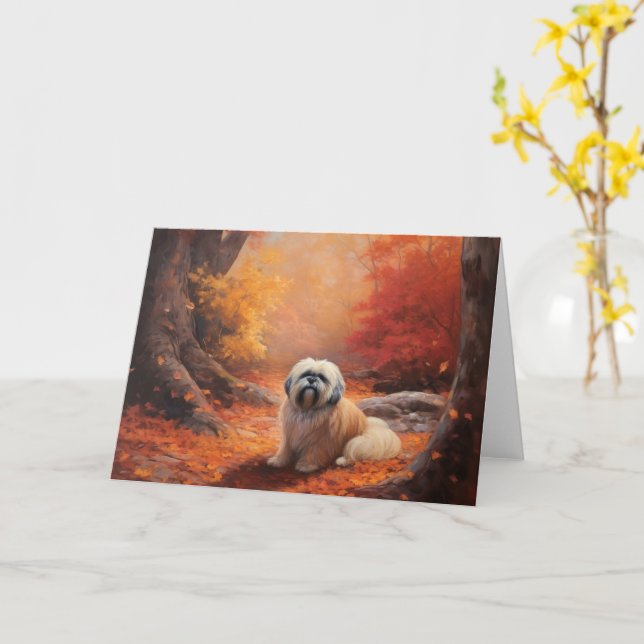 Carte Lhasa Apso dans les feuilles d'automne tombent ins (Fleur jaune)