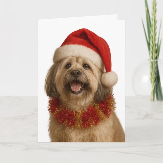 Carte Lhasa Apso in a Santa hat Christmas card (Devant)