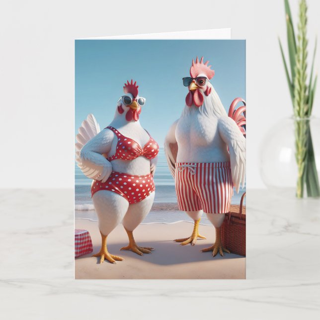 Carte L'humour d'anniversaire des poules sur la plage (Devant)