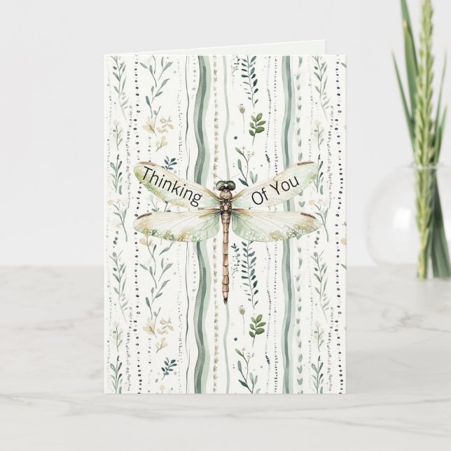Carte Libellule Vert Blanc Chic Floral Pensant à Vous (Devant)