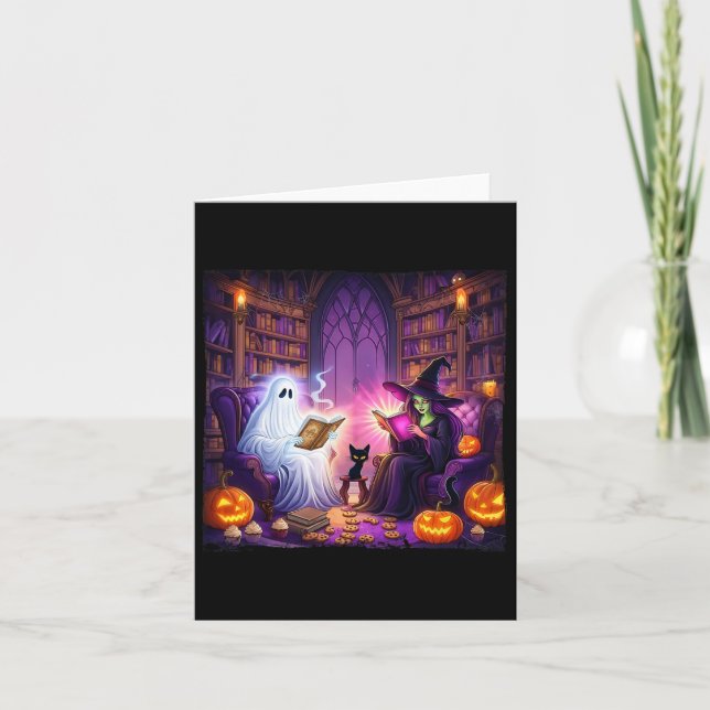 Carte Librairie hantée Halloween Rétro Sorcière de livre (Devant)