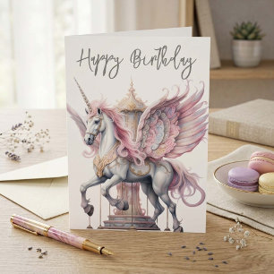 Carte Licorne Anniversaire Pégase Carrousel Cheval Rose