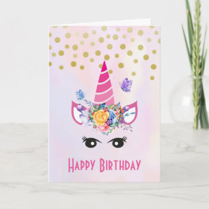 Carte Licorne Branchée avec Fleurs Papillons & Confettis