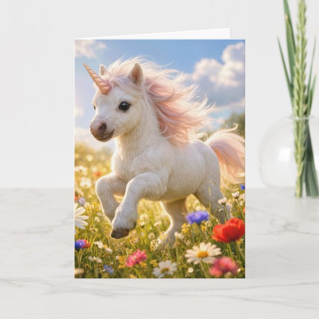 Carte Licorne d'anniversaire courant dans un champ de fl (Devant)