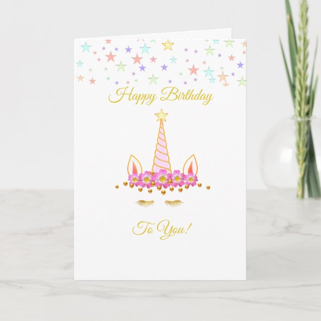 Carte Licorne d'anniversaire, étoiles et fleurs multicol (Devant)