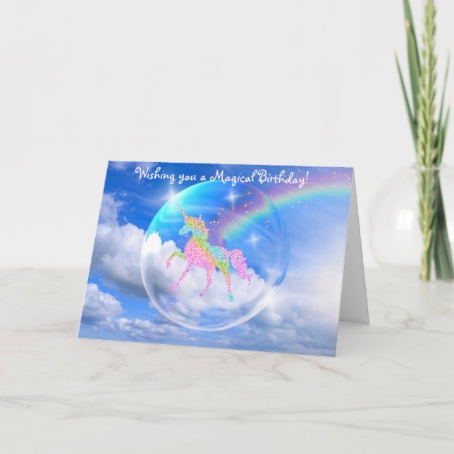 Carte Licorne d'arc-en-ciel dans l'anniversaire de bulle (Devant)