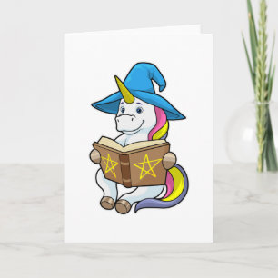 Carte Licorne en magicien avec livre et chapeau