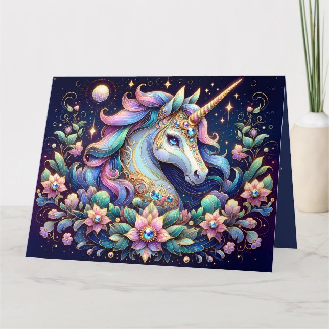 Carte Licorne Florale aux Tons de Joyaux Fantastique (Devant)