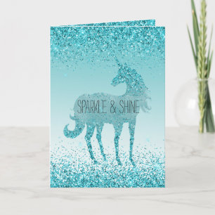 Carte Licorne Pailletée Aqua Turquoise Glitz Féminin