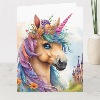 Carte Licorne rêveuse aquarelle avec château et fleurs