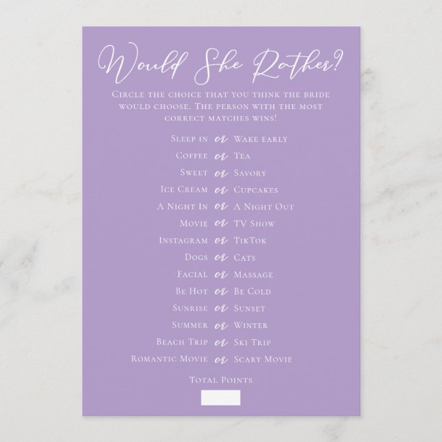 Carte Lilac Purple Downloadable Bridal Shower Guess Game (Devant)