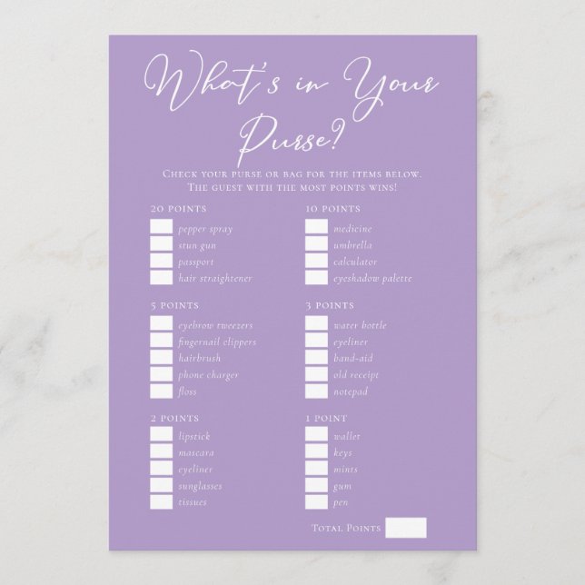Carte Lilac Purple Purse Items Bridal Shower Game (Devant)