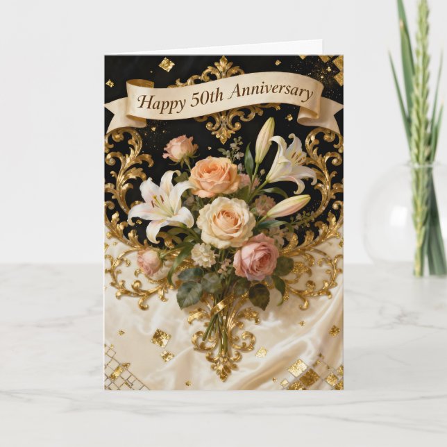 Carte  Lilies Roses and Gold 50th Wedding Anniversary (Devant)
