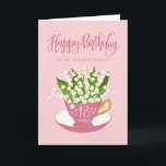 Carte Lily of the Valley Teacup 18th Birthday Friend<br><div class="desc">Une petite tasse de thé rose pittoresque remplie d'un beau bouquet de lis de la vallée fleurit avec les mots en lettres de la main Joyeux Anniversaire sur le dessus de la carte et les mots en lettres de la main 18 aujourd'hui avec les coeurs d'amour sur la tasse de...</div>