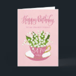 Carte Lily of the Valley Teacup 47th Birthday Friend<br><div class="desc">Une petite tasse de thé rose pittoresque remplie d'un beau bouquet de lis de la vallée fleurit avec les mots en lettres de la main Joyeux Anniversaire sur le dessus de la carte et les mots en lettres de la main 47 aujourd'hui avec les coeurs d'amour sur la tasse de...</div>