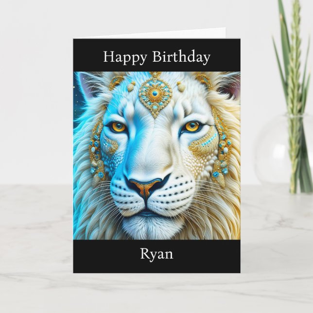 Carte Lion blanc et or majestueux Anniversaire personnal (Devant)
