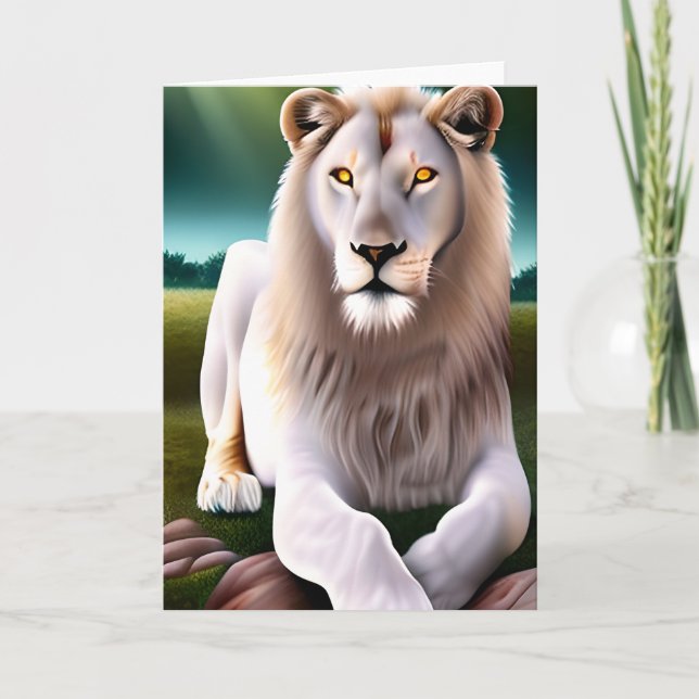 Carte Lion Blanc Majestueux Yeux Dorés Art Éthéré (Devant)