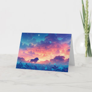 Carte Lion dans un champ de teintes de coucher de soleil