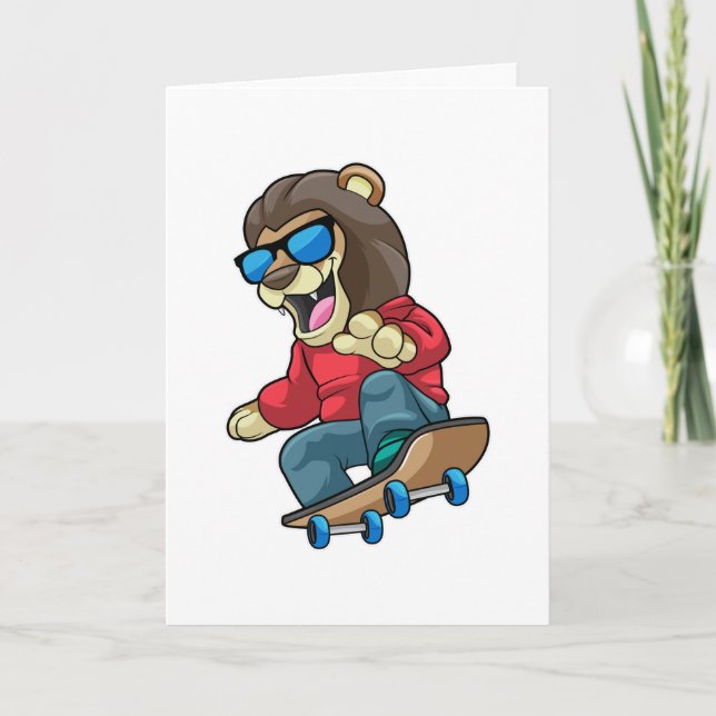 Carte Lion en patineur avec planche à roulettes (Devant)