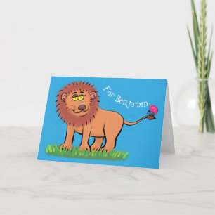 Carte Lion joyeux avec dessin animé de papillon