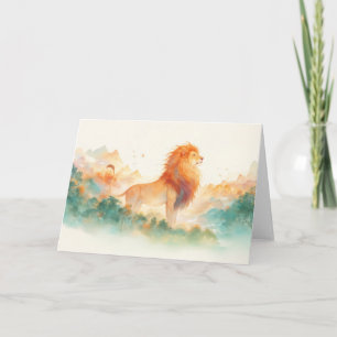 Carte Lion majestueux surplombant un horizon brumeux