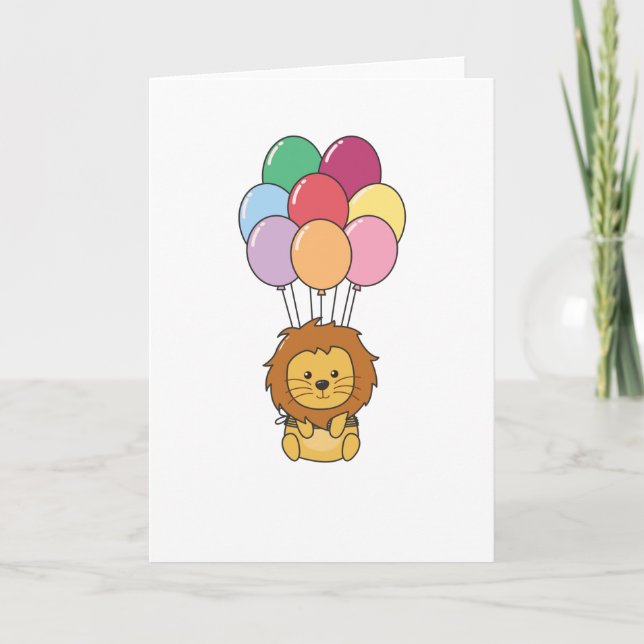 Carte Lion S'envole Avec Des Ballons Colorés (Devant)