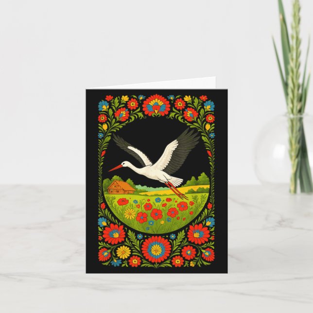 Carte Lish Stork Folk Art Lska Countryside Design  (Devant)