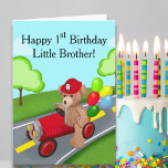 Carte Little Brother 1er anniversaire Teddy Bear Camion<br><div class="desc">Cet adorable ours en peluche,  à bord d'un camion de pompier rouge vif et portant fièrement son tout premier casquette de pompier,  fait le design parfait pour célébrer le jalon spécial de 1er anniversaire de votre petit frère.</div>