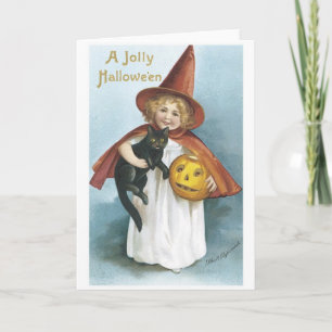 Carte Little Girl and Black Cat Jolly Halloween