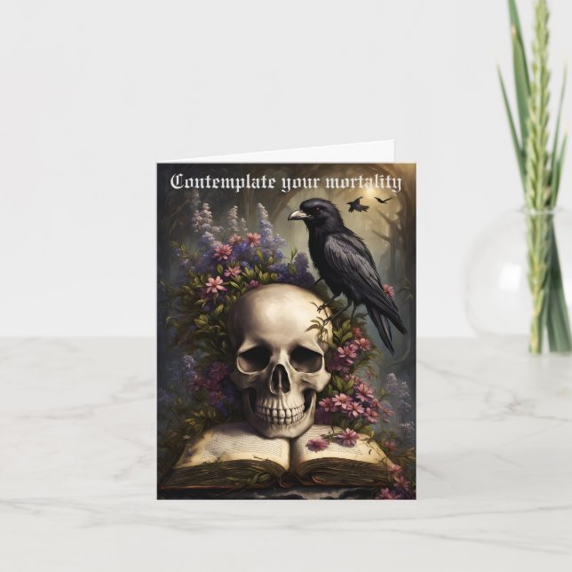Carte Livre crâne corbeau et fleurs Anniversaire gothiqu (Devant)