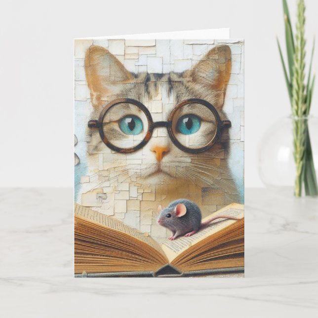 Carte Livre de lecture de chat avec souris (Devant)