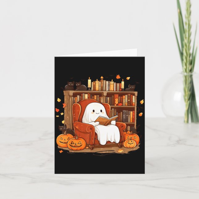 Carte Livre de lecture fantôme avec chat noir Halloween  (Devant)