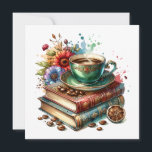 Carte Livres anciens, fleurs et café<br><div class="desc">Carte vierge. Pile de livres anciens,  jolies fleurs et tasse de café chaud dans une tasse à thé antique.</div>