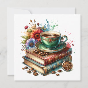 Carte Livres anciens, fleurs et café