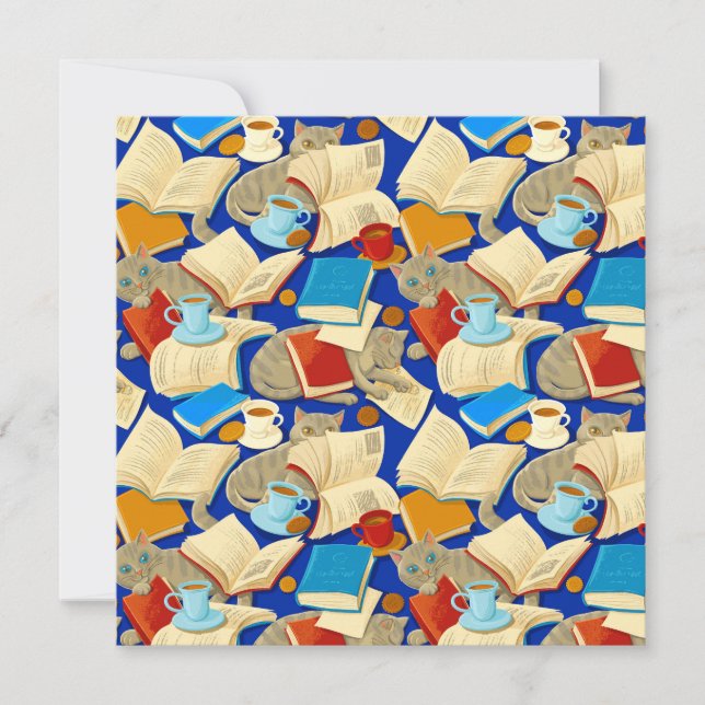 Carte Livres et chats en bleu (Devant)
