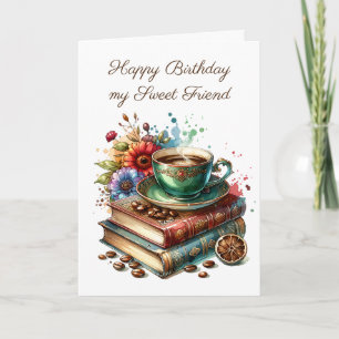Carte Livres vintages, Fleurs et Amis du Café Anniversai