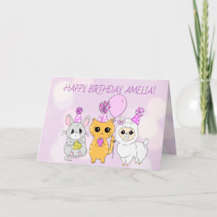 Carte Llama lunaire, chaton et souris Anniversaire