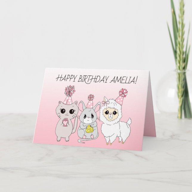 Carte Llama lunaire, chaton et souris Anniversaire (Devant)