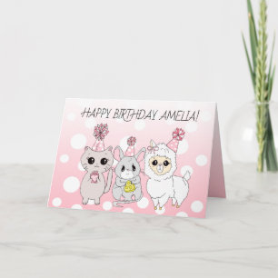 Carte Llama lunaire, chaton et souris Anniversaire