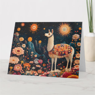 Carte Llama lunaire dans un paysage floral étoilé